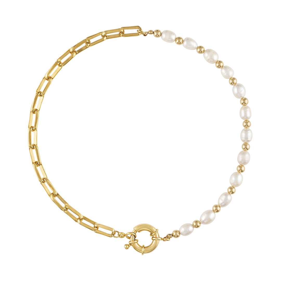Olivia le pearla necklace shown with half side of gold filled beads with alternating fresh water pearls and the other side of the necklace with gold rectangular chain links finished with a nautical clasp closure