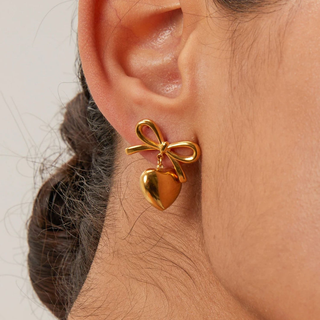 Gold Heart Bow Earrings