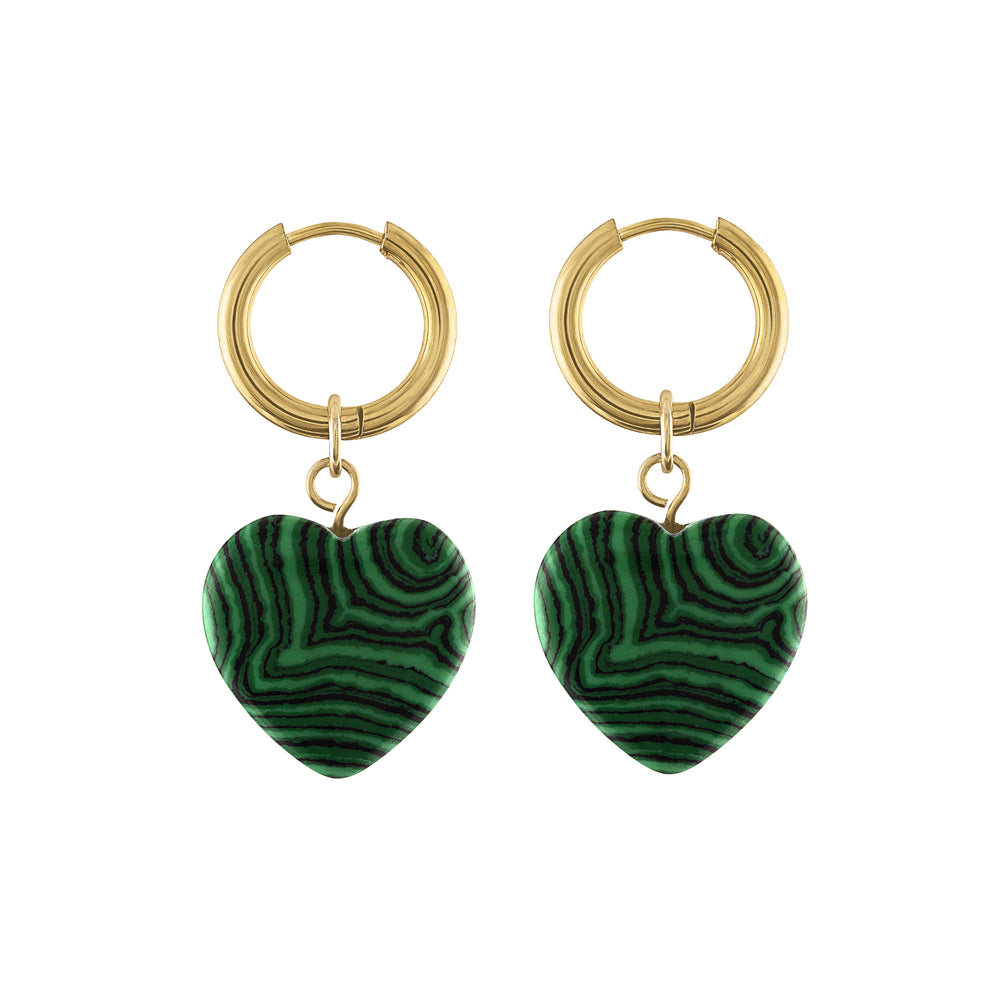 olivia le adele malachite green stone heart charm earrings shown with small hoops