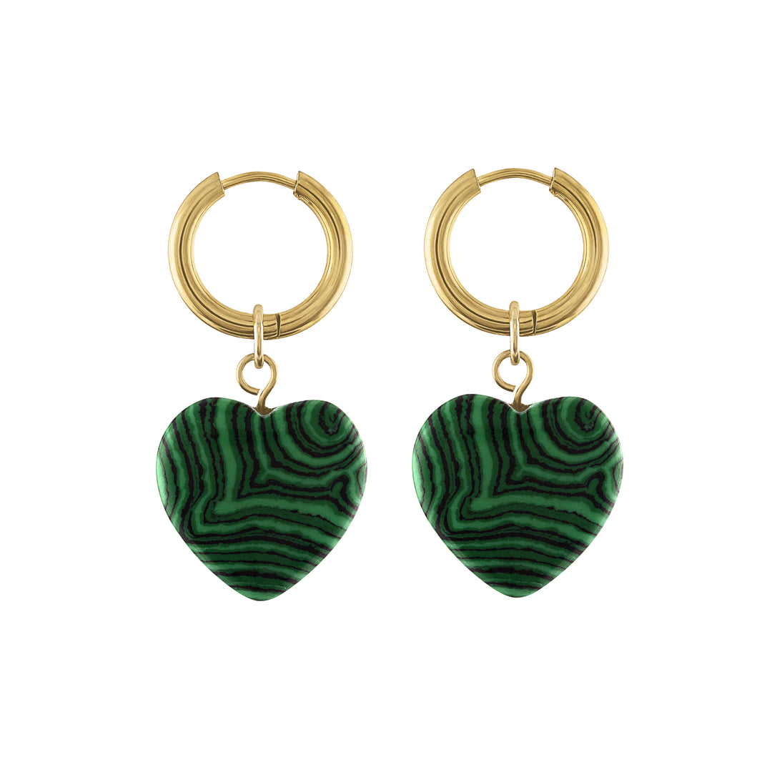 olivia le adele malachite green stone heart charm earrings shown with small hoops