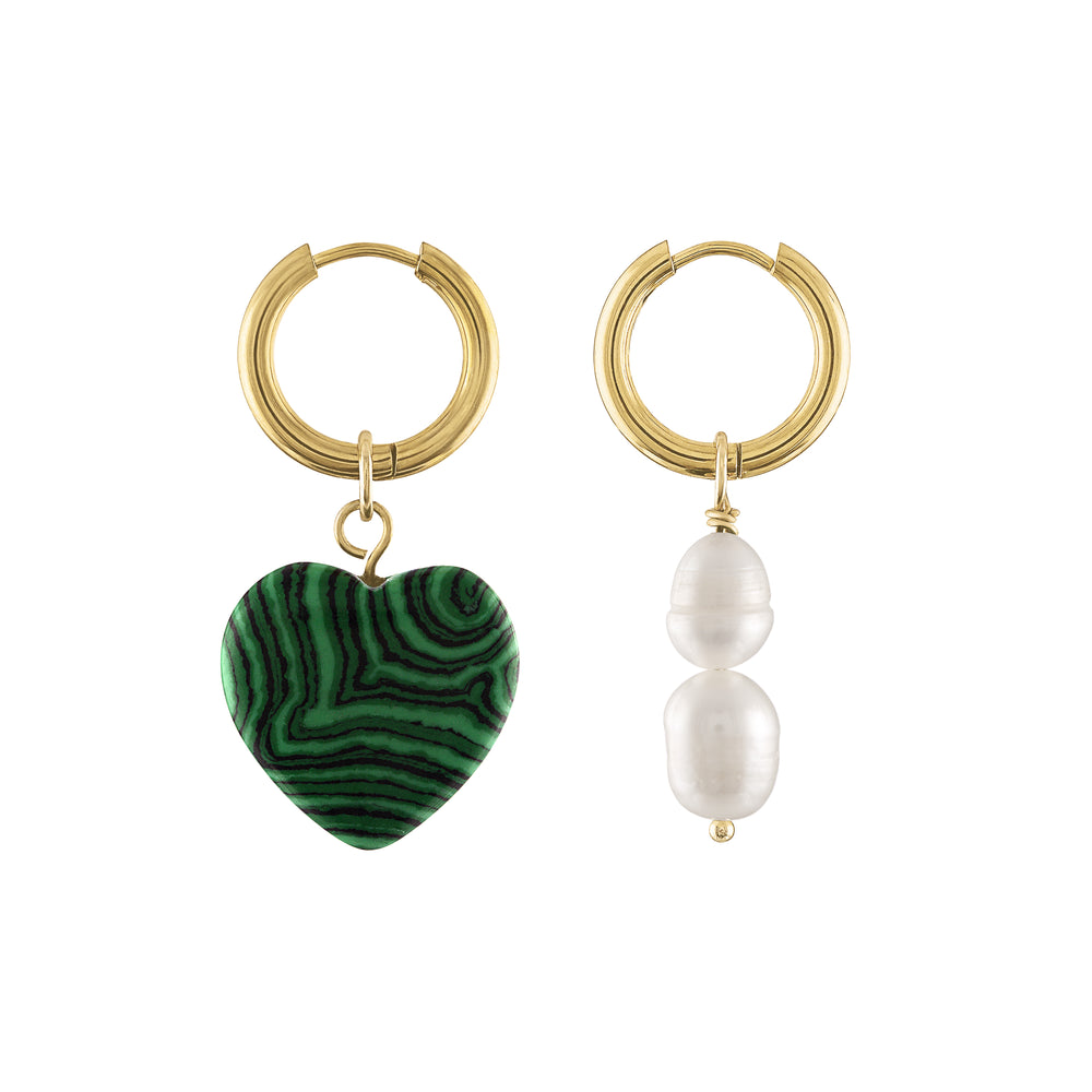 Olivia le aubrey malachite heart hoop earrings shown with gold hoop earrings and a green malachite heart charm on one earrings and pearl charms on the other earring as mismatched earring sets