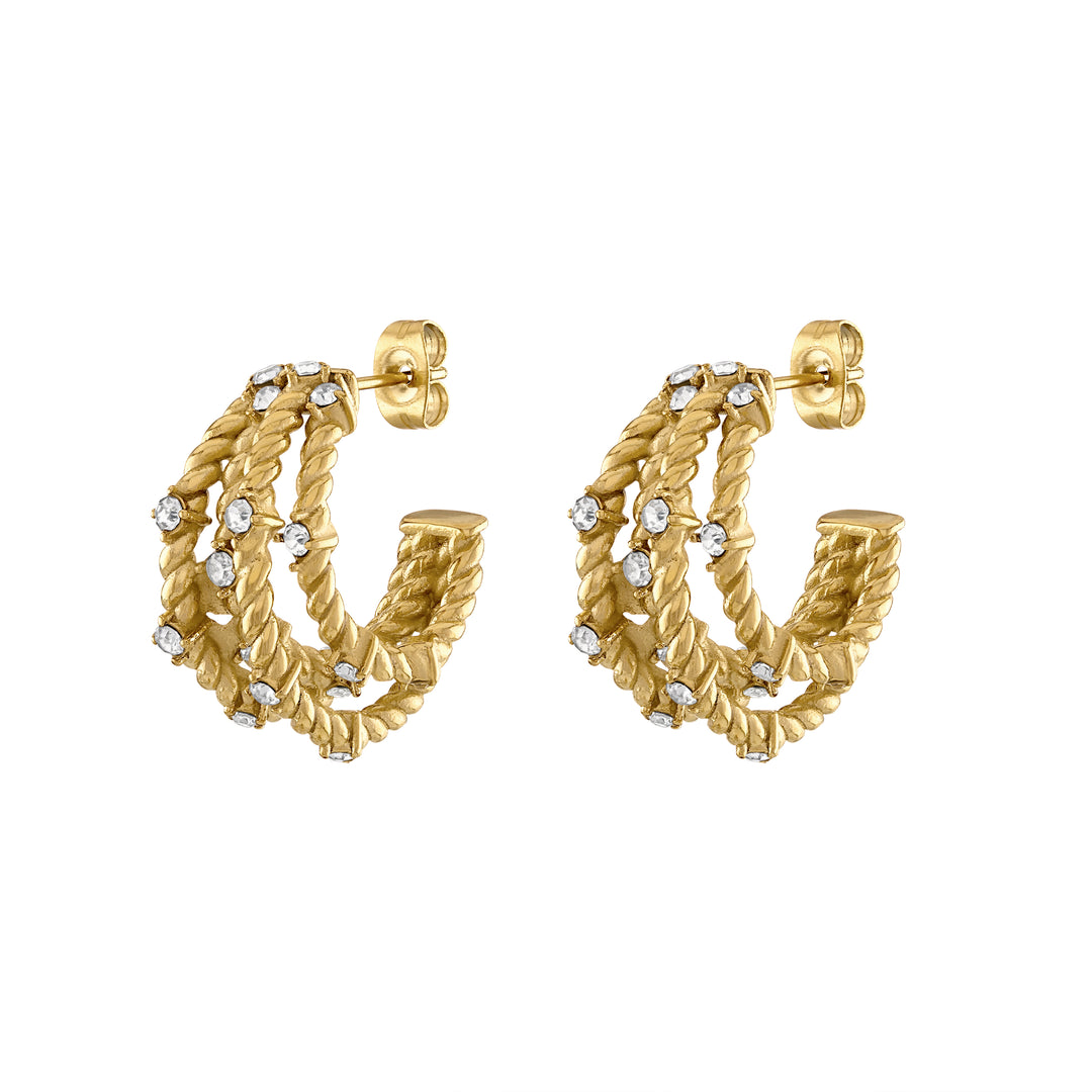 Gold braided textured earrings with cubic zirconia studs