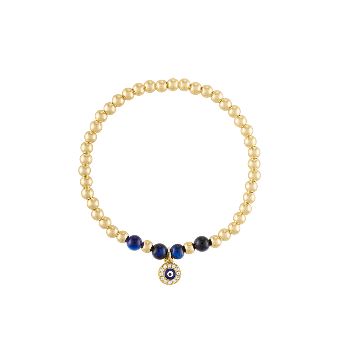Olivia Le beaded evil eye gold bracelet handmade with 4MM gold-filled beads 4MM blue tigers eye beads and pave evil eye charm available in 6.5 inch or 7 inch stretch