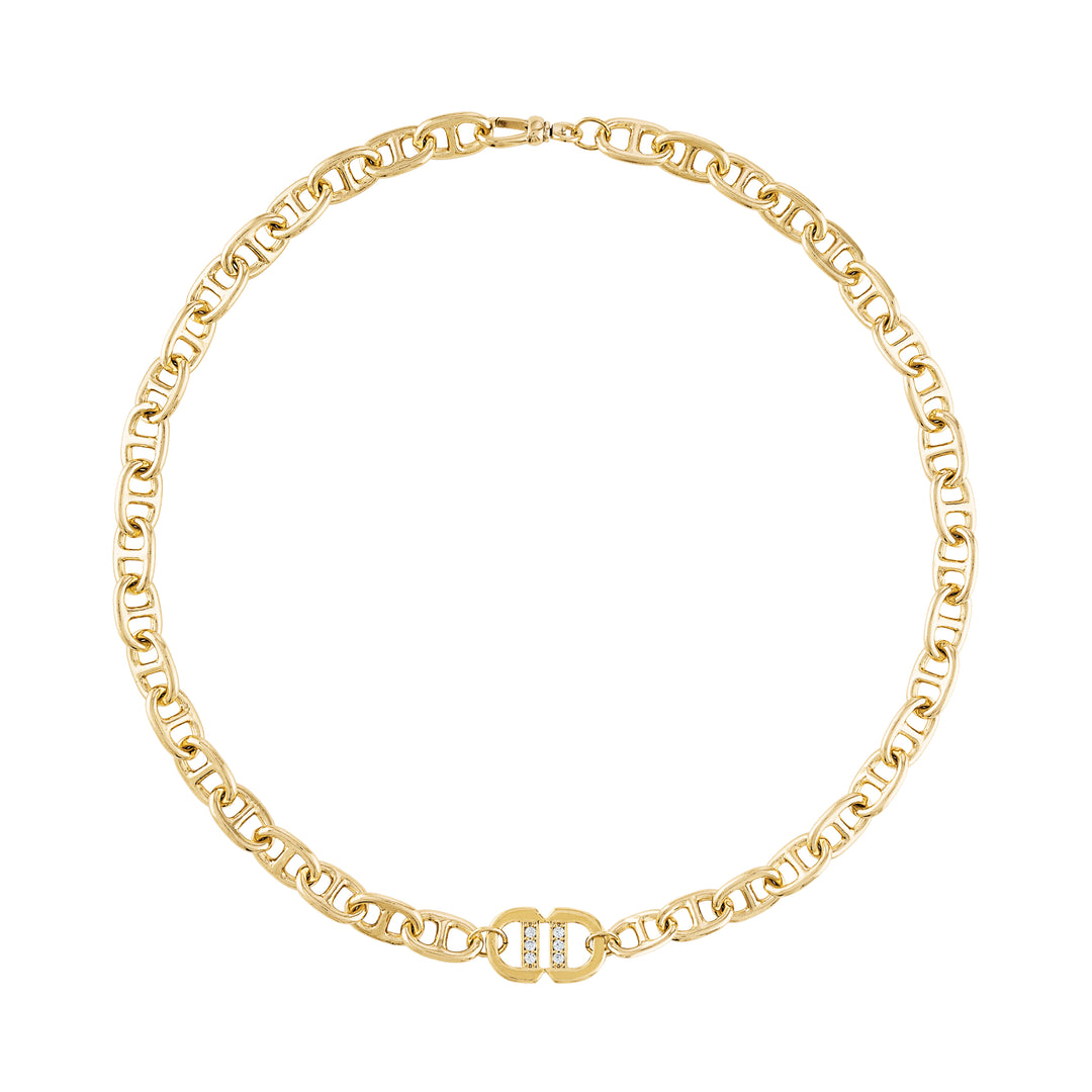 Olivia Le Beverly links necklace handmade with 18K gold-plated brass chain in 15 inch length with pave connector and spring closure