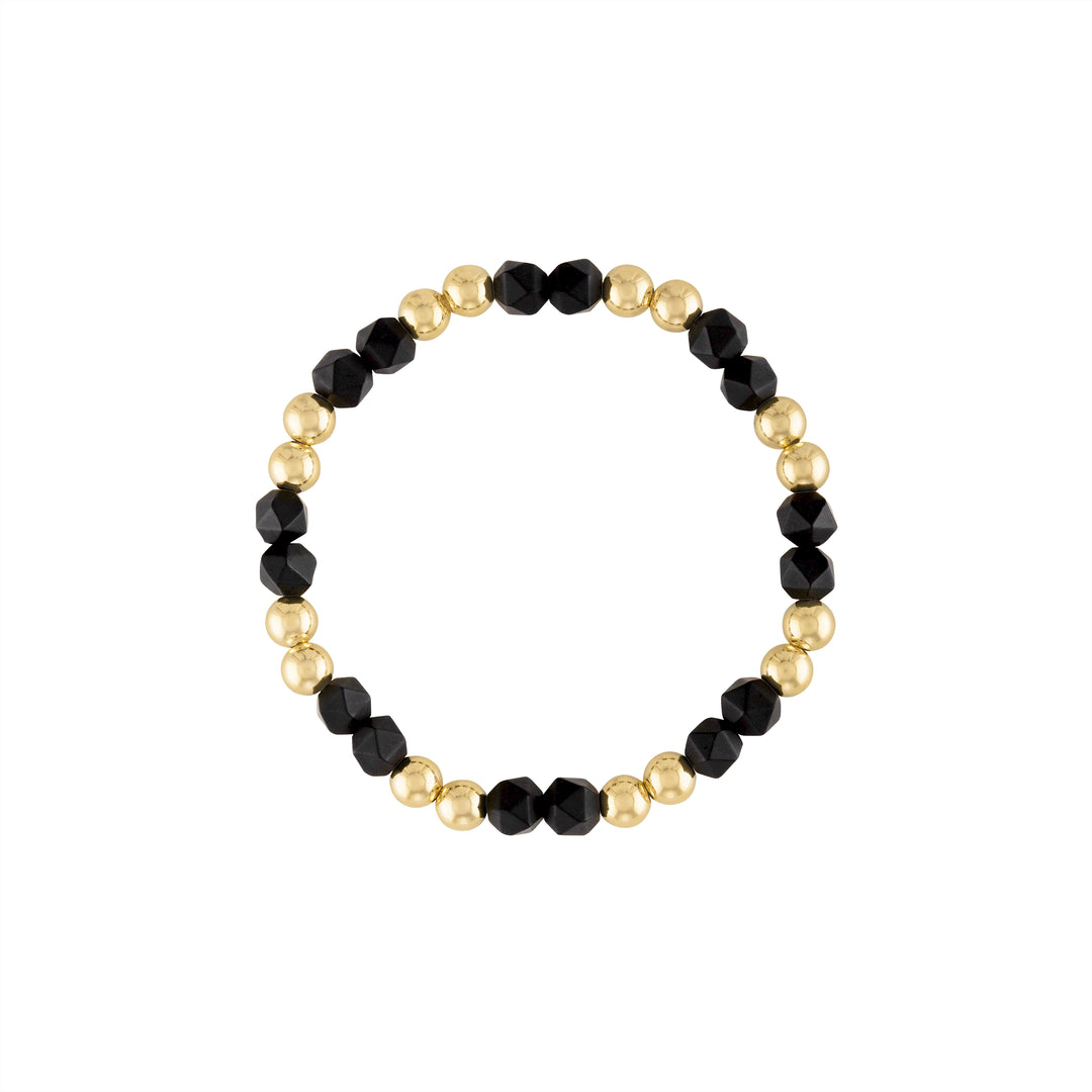 Olivia Le black matte onyx power gem gold-filled bubble bead bracelet handmade with 5MM 14K gold-filled beads and 6MM black matte star faceted onyx gemstones available in 6.5 inch or 7 inch stretch