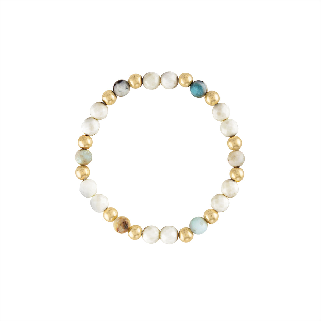 Olivia Le capri sunset coral gold-filled bracelet handmade with 5MM 14K gold-filled beads 6MM white bamboo coral stones and 6MM amazonite stones available in 6.5 inch or 7 inch stretch