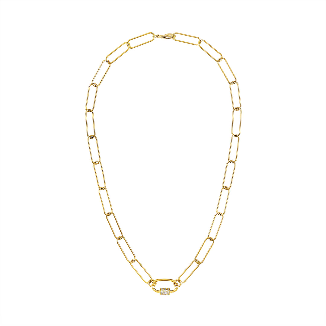 Olivia Le Cara Paperclip Necklace handmade with 16 inch length 16K gold-plated brass paperclip chain links pave carabiner clasp and easy clip closure