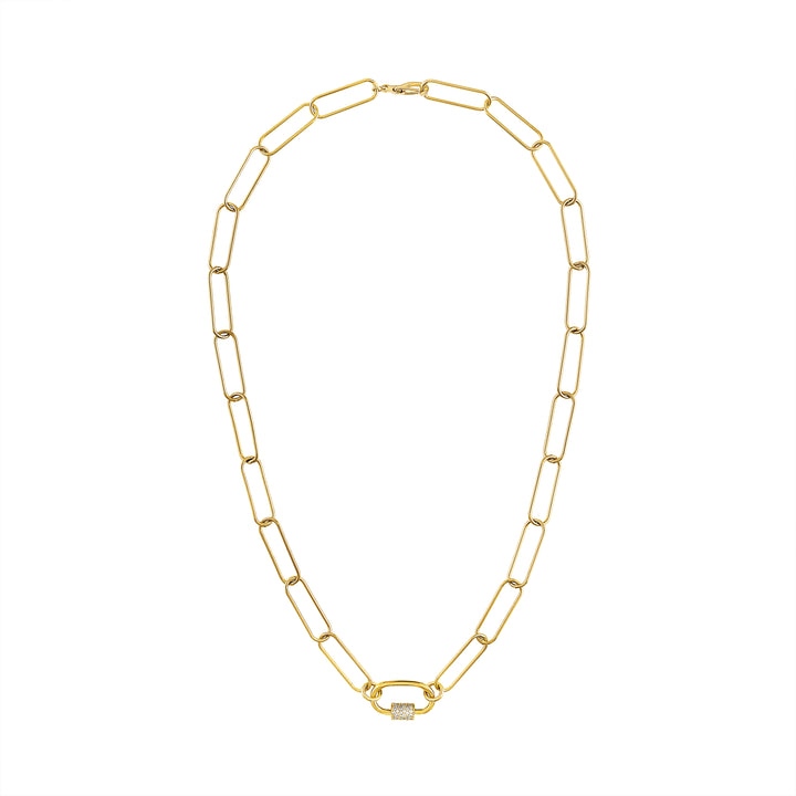 Olivia Le Cara Paperclip Necklace handmade with 16 inch length 16K gold-plated brass paperclip chain links pave carabiner clasp and easy clip closure