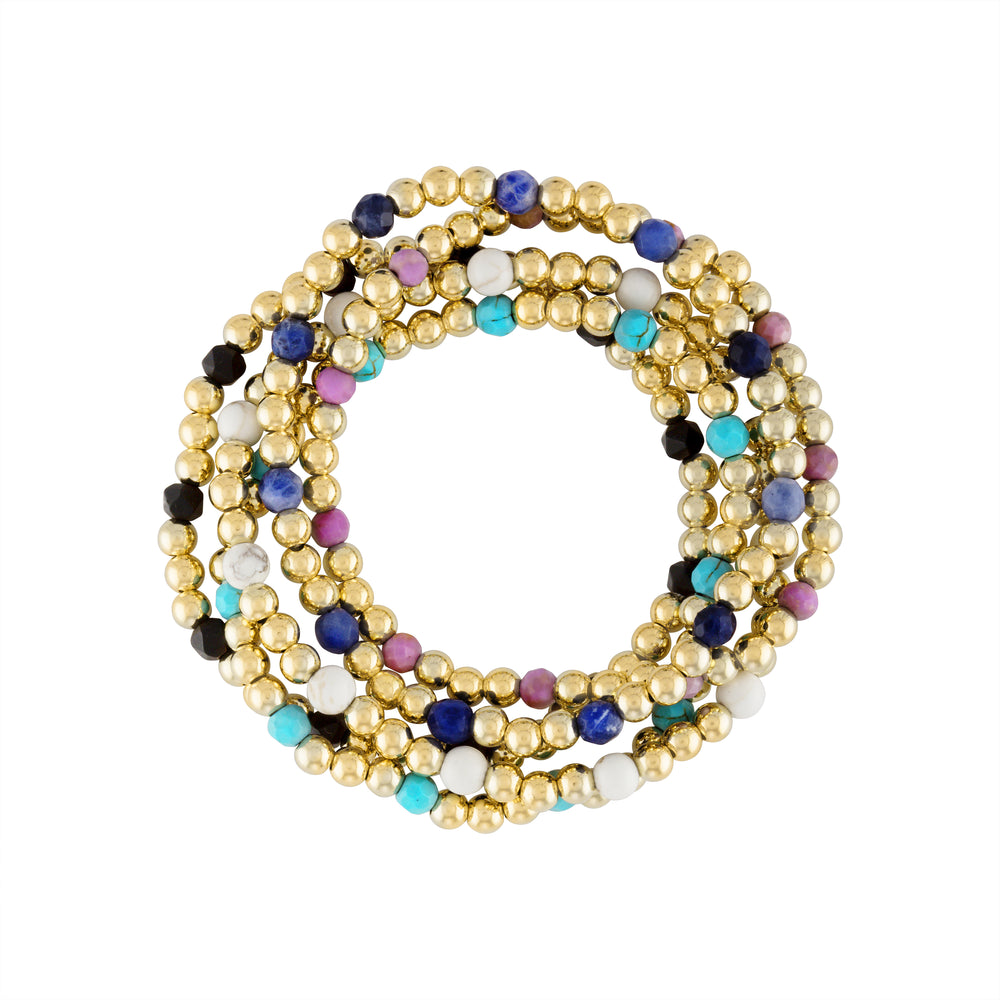 Olivia Le Cinco De Stack Bracelet Set handmade with 4MM 14K gold-filled beads and gemstones set includes five bracelets available in 6.5 inch or 7 inch stretch