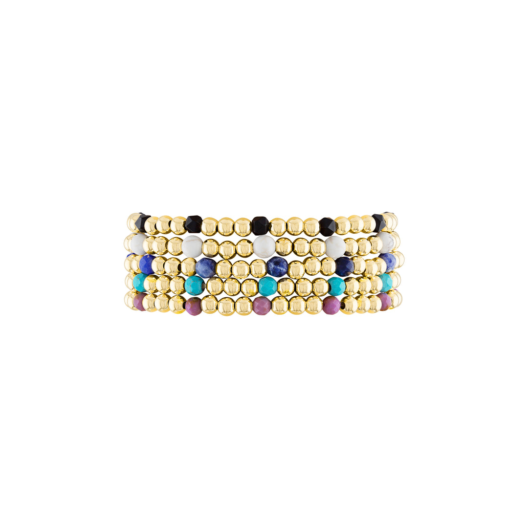 Olivia Le Cinco De Stack Bracelet Set handmade with 4MM 14K gold-filled beads and gemstones set includes five bracelets available in 6.5 inch or 7 inch stretch
