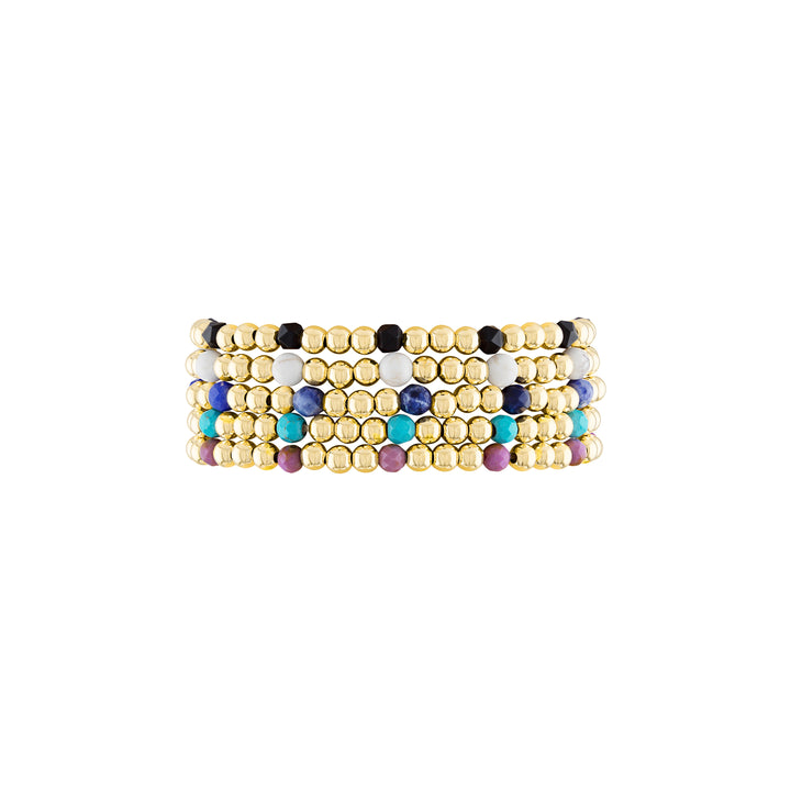 Olivia Le Cinco De Stack Bracelet Set handmade with 4MM 14K gold-filled beads and gemstones set includes five bracelets available in 6.5 inch or 7 inch stretch