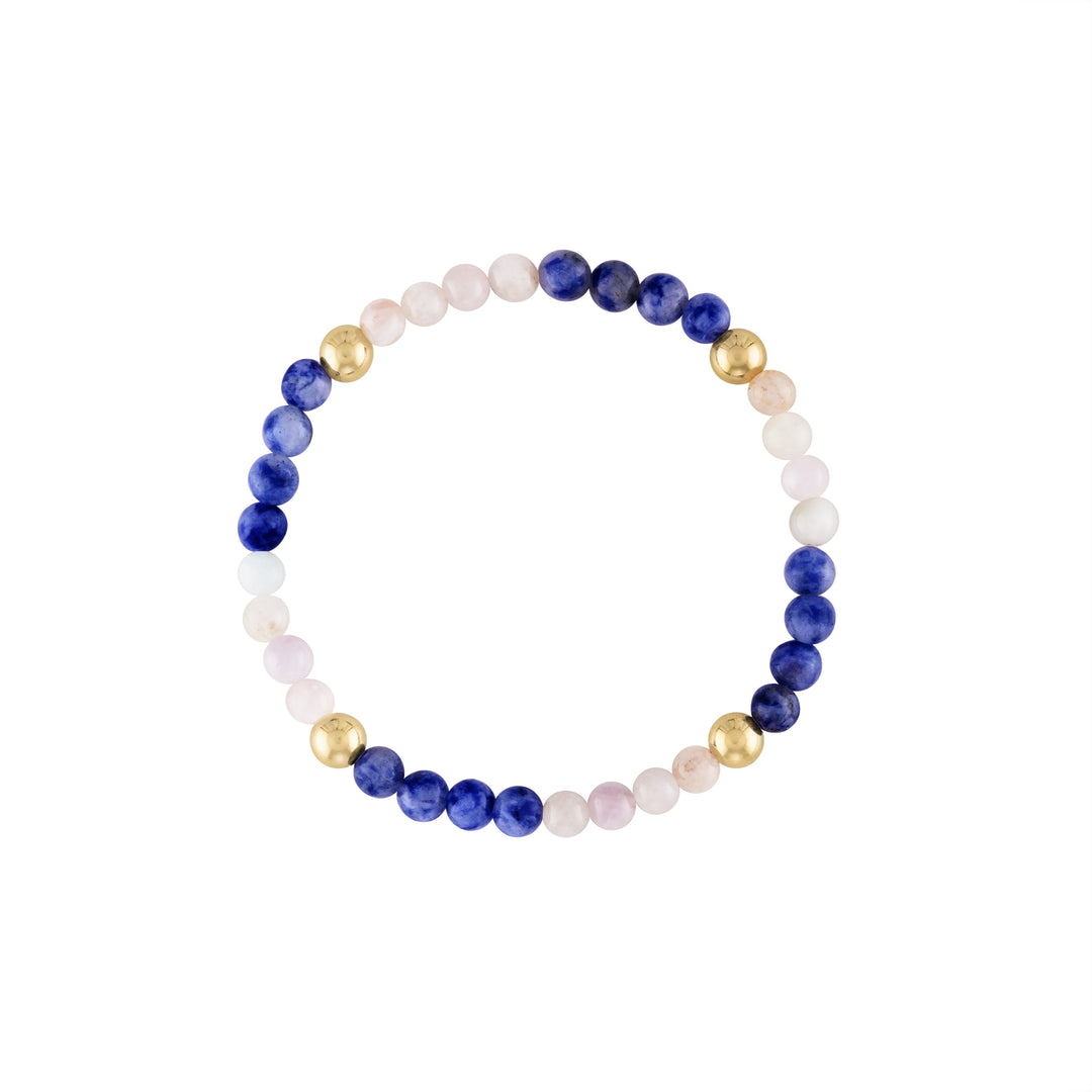 Olivia Le Cotton Candy Skies Gem Bracelet handmade with 5MM 14K gold-filled beads 4MM morganite gemstones and 4MM dumortierite gemstones available in 6.5 inch or 7 inch stretch 