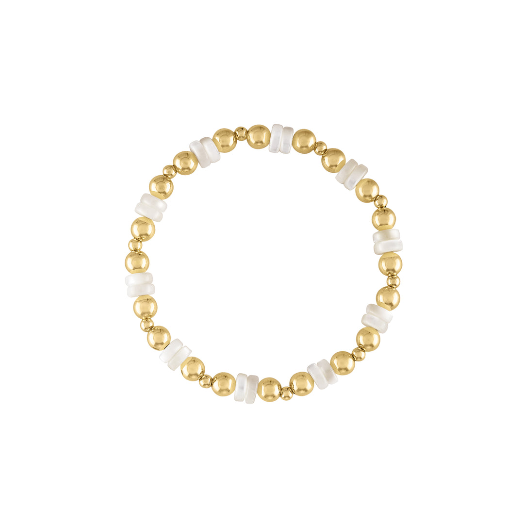 Olivia Le Harper Pearl Heishi Bracelet this bracelet has alternating small and big gold filled bubble beads along with mother of pearl beads in between and is a stretch bead bracelet