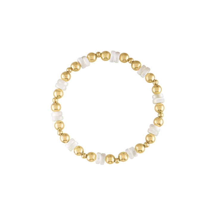 Olivia Le Harper Pearl Heishi Bracelet this bracelet has alternating small and big gold filled bubble beads along with mother of pearl beads in between and is a stretch bead bracelet