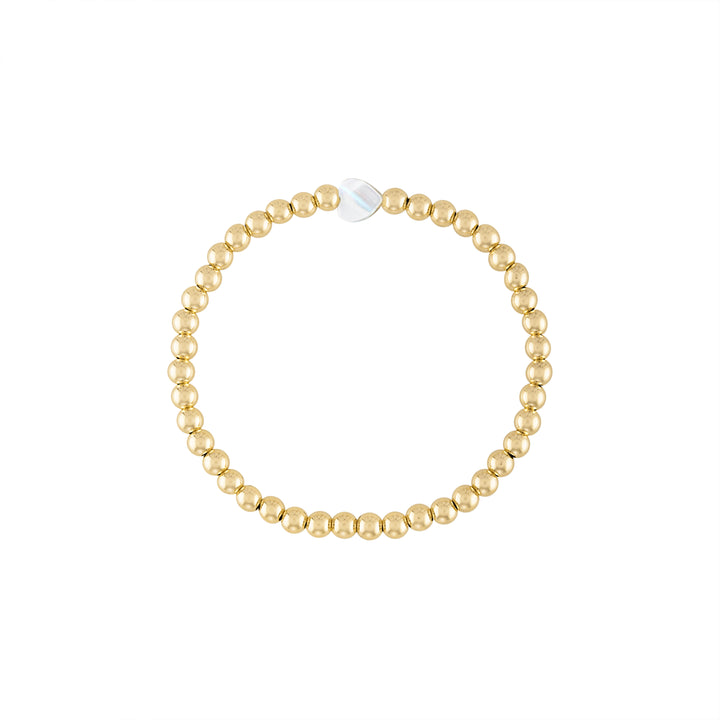 Olivia Le Heart Pearl Gold Bracelet handmade with 14K gold-filled 4MM beads and mother of pearl heart available in 6.5 inch or 7 inch stretch