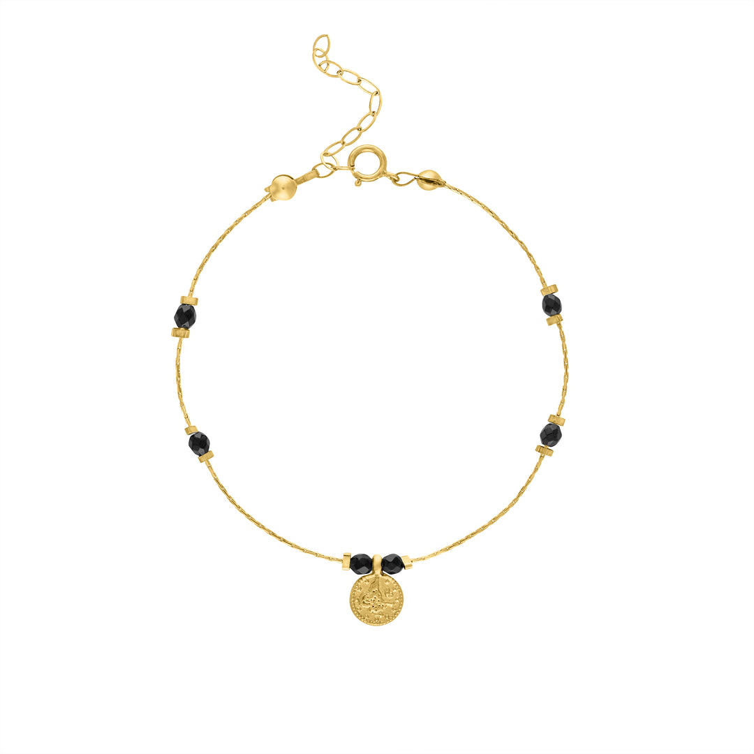 Olivia Le Journey Black Agate Beaded Bracelet with Coin Pendant handmade with 14K gold-filled chain, 3MM Black Agate gemstones, and gold-plated Turkish coin pendant, available in 6 inch length with 1 inch extender