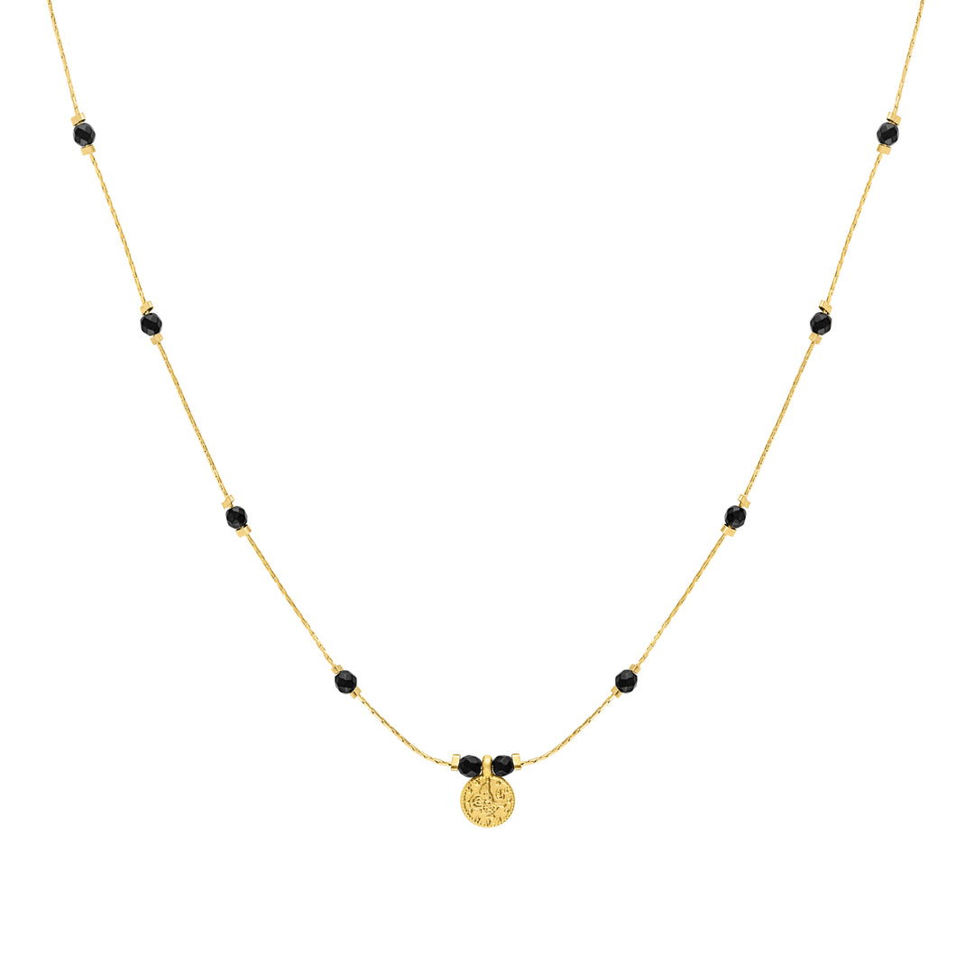 Olivia Le Journey Black Agate Beaded Necklace with Coin handmade with 14K gold-filled chain, 3MM Black Agate gemstones and gold-plated Turkish coin pendant available in 18 inch length