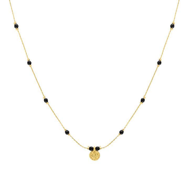 Olivia Le Journey Black Agate Beaded Necklace with Coin handmade with 14K gold-filled chain, 3MM Black Agate gemstones and gold-plated Turkish coin pendant available in 18 inch length