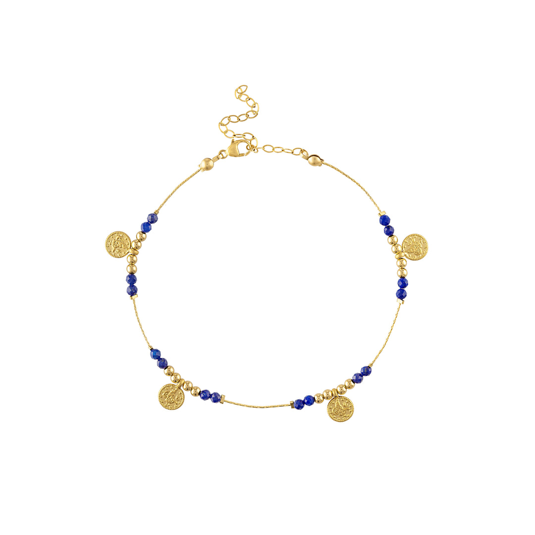 Olivia Le Journey Lapis Lazuli anklet . this gold filled chain anklet has blue lapis lazuli gemstones beaded with small gold filled beads adorned with gold turkish coin charms. there are 4 turkish coin charms in total and the anklet is adjustable from 8 to 10 inches with a lobster clasp and extension