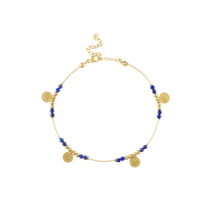 Olivia Le Journey Lapis Lazuli anklet . this gold filled chain anklet has blue lapis lazuli gemstones beaded with small gold filled beads adorned with gold turkish coin charms. there are 4 turkish coin charms in total and the anklet is adjustable from 8 to 10 inches with a lobster clasp and extension