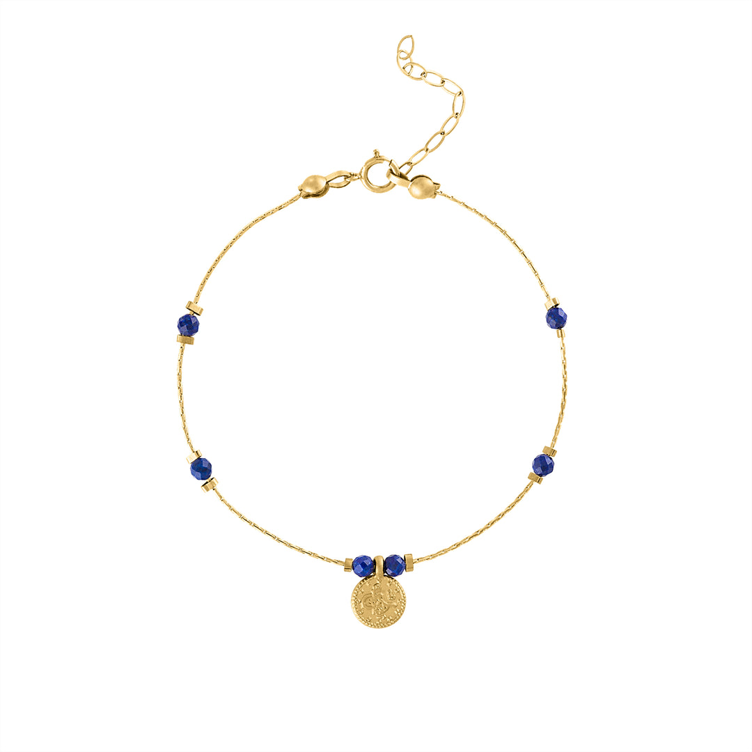 Olivia Le Journey Lapis Lazuli Beaded Bracelet with Coin handmade with 14K gold-filled chain, 3MM Lapis Lazuli gemstones, and gold-plated Turkish coin pendant available in 6 inch length with 1 inch extender