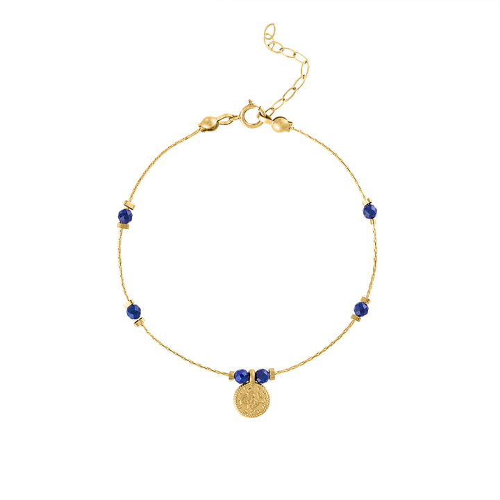Olivia Le Journey Lapis Lazuli Beaded Bracelet with Coin handmade with 14K gold-filled chain, 3MM Lapis Lazuli gemstones, and gold-plated Turkish coin pendant available in 6 inch length with 1 inch extender