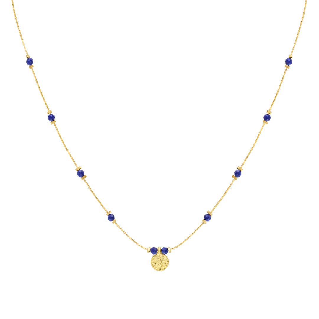 Olivia Le Journey Lapis Lazuli Beaded Necklace with Coin handmade with 14K gold-filled chain, 3MM Lapis Lazuli gemstones, and gold-plated Turkish coin pendant available in 18 inch length