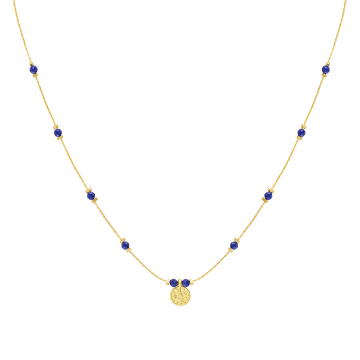 Olivia Le Journey Lapis Lazuli Beaded Necklace with Coin handmade with 14K gold-filled chain, 3MM Lapis Lazuli gemstones, and gold-plated Turkish coin pendant available in 18 inch length
