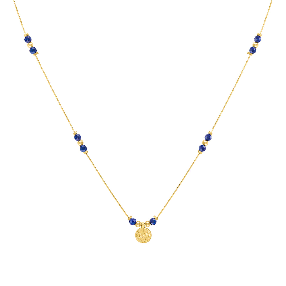 Olivia Le journey lapis lazuli gold filled necklace with blue stones and gold filled beads finished with a gold coin