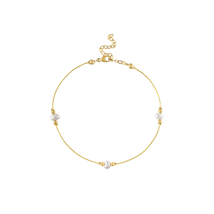 Olivia le gold filled thin beading chain beaded with fresh water pearls and 3mm gold beads in a trinity pattern finished with a lobster clasp and extender making this anklet adjustable from 8 inches to 10 inches