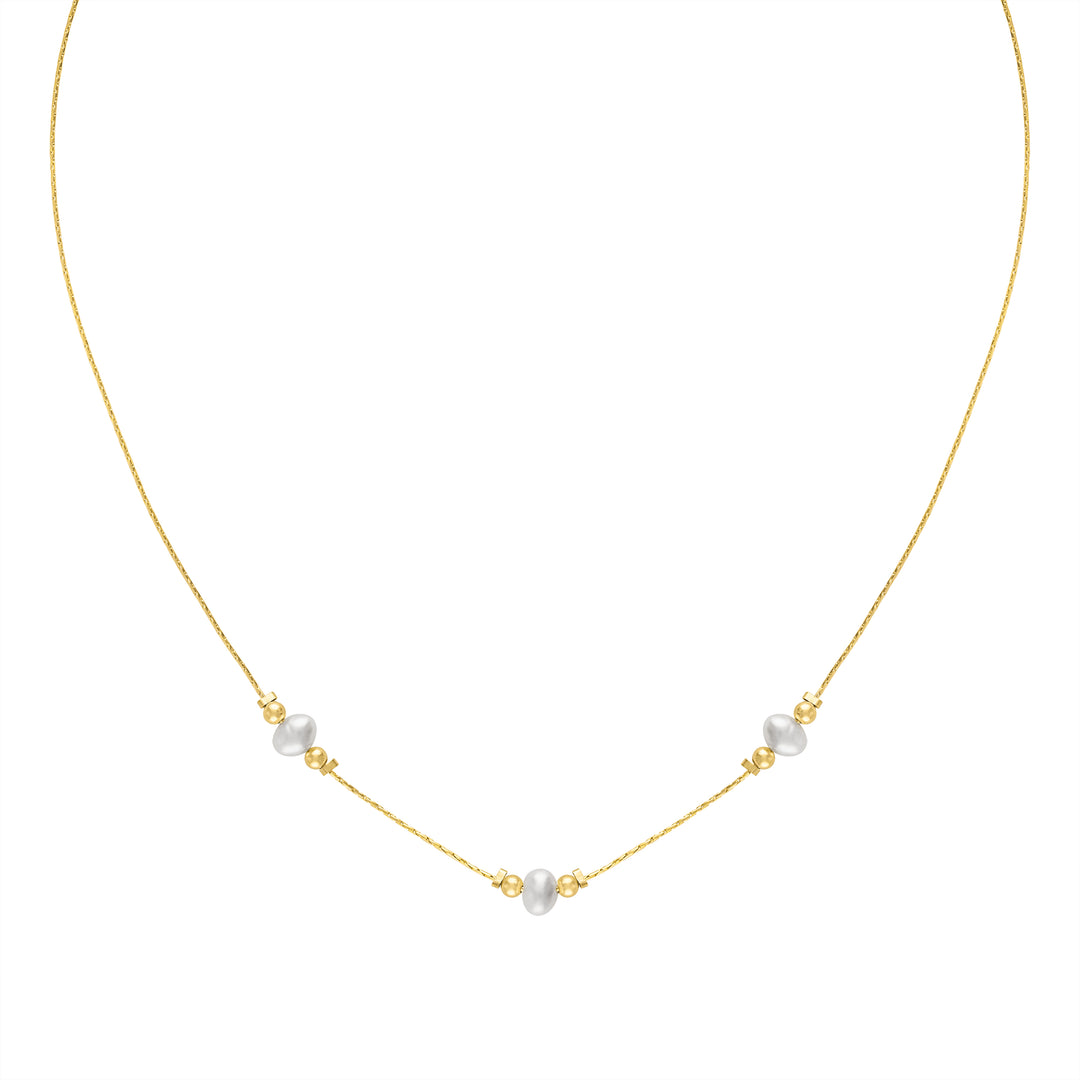 Olivia Le Journey Pearl Trinity Necklace handmade with 14K gold-filled chain, 14K gold-filled 3MM beads, and fresh water pearls available in 16 inch length