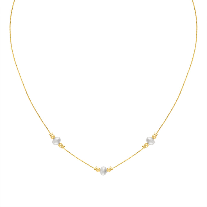 Olivia Le Journey Pearl Trinity Necklace handmade with 14K gold-filled chain, 14K gold-filled 3MM beads, and fresh water pearls available in 16 inch length