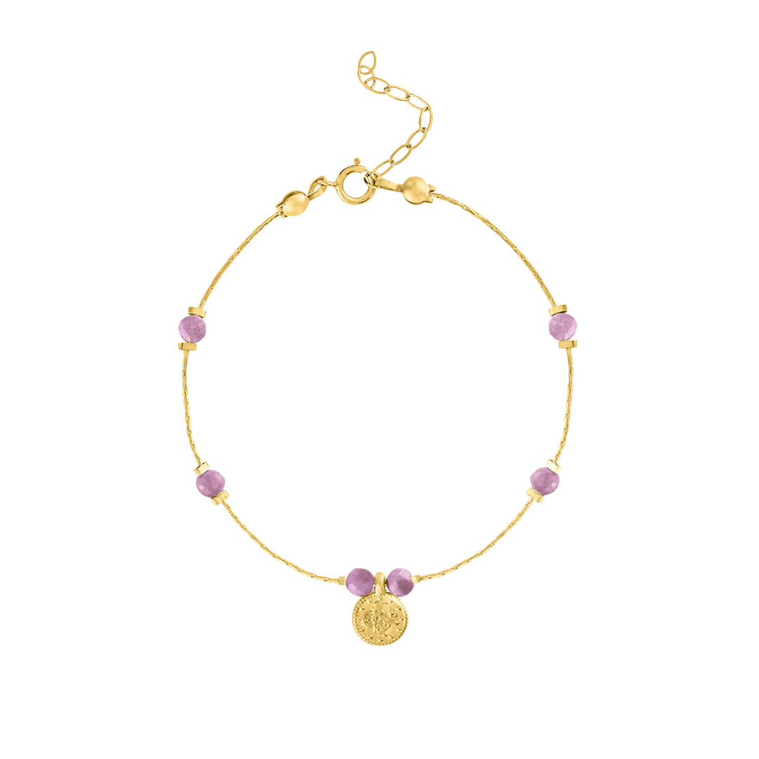 Olivia Le Journey Phosphosiderite Beaded Bracelet with Coin pendant handmade with 14K gold-filled chain, 4MM Pink Phosphosiderite gemstones, and gold-plated Turkish coin pendant available in 6 inch length with 1 inch extender