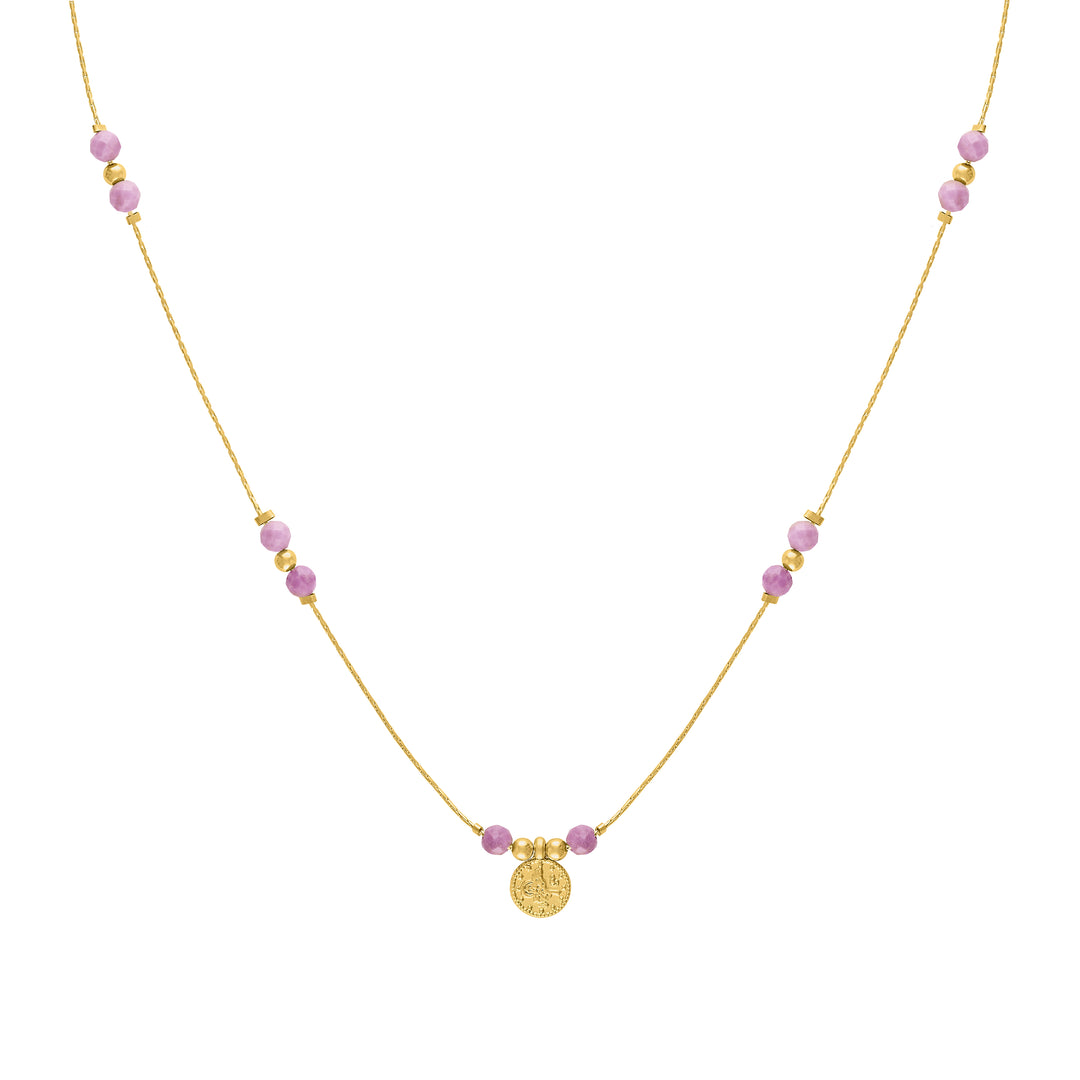 Olivia Le Journey Phosphosiderite Beaded Necklace with Coin pendant handmade with 14K gold-filled chain, 4MM Pink Phosphosiderite gemstones, and gold-plated Turkish coin pendant available in 18 inch length