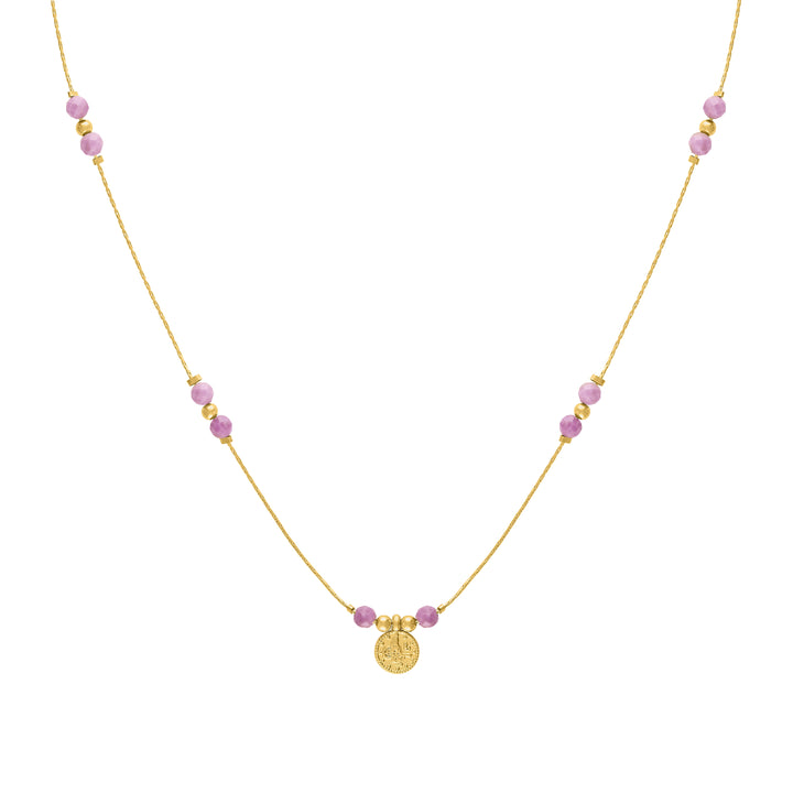 Olivia Le Journey Phosphosiderite Beaded Necklace with Coin pendant handmade with 14K gold-filled chain, 4MM Pink Phosphosiderite gemstones, and gold-plated Turkish coin pendant available in 18 inch length