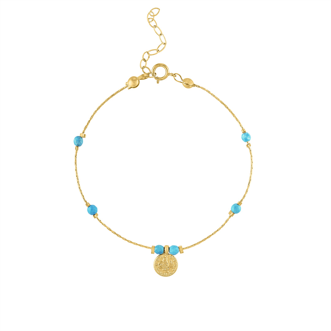 Olivia Le Journey Turquoise Magnesite Beaded Bracelet with Coin pendant handmade with 14K gold-filled chain, 3MM turquoise magnesite gemstones, and gold-plated Turkish coin pendant available in 6 inch length with 1 inch extender