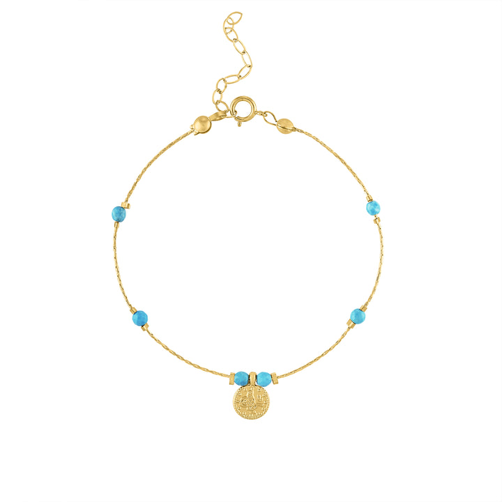 Olivia Le Journey Turquoise Magnesite Beaded Bracelet with Coin pendant handmade with 14K gold-filled chain, 3MM turquoise magnesite gemstones, and gold-plated Turkish coin pendant available in 6 inch length with 1 inch extender