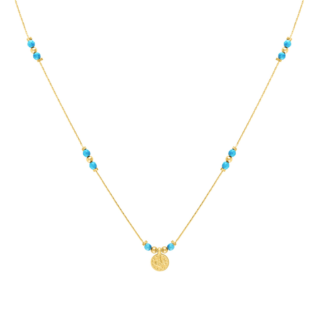 Olivia Le Journey Turquoise Magnesite Beaded Necklace with Coin pendant handmade with 14K gold-filled chain, 14K gold-filled 3MM beads, 3MM turquoise magnesite gemstones, and gold-plated Turkish coin pendant available in 18 inch length