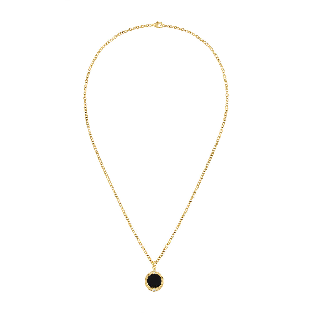 Olivia le katrina necklace shown on a gold chain with a black onyx pendant with a cubic zirconia stone