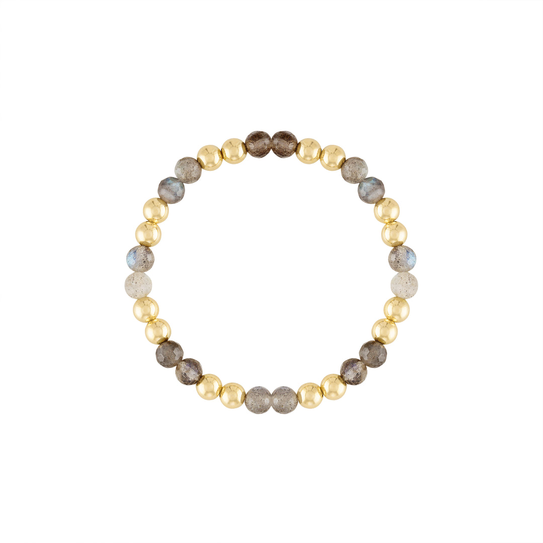Olivia Le Labradorite Power Gem Gold Bubble Bracelet handmade with 14K gold-filled 5MM beads, 5MM Labradorite faceted gemstones available in 6.5 inch or 7 inch stretch