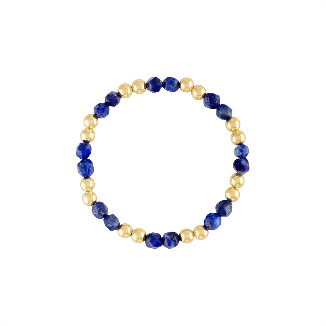 Olivia Le Lapis Lazuli Power Gem Gold Bubble Beaded Bracelet handmade with 14K gold-filled 5MM beads and 5MM Lapis Lazuli diamond cut star gemstones available in 6 inch or 7 inch stretch