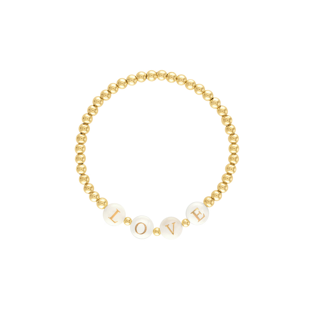 olivia le love pearl gold beaded bracelet shown with gold beads and the word love in pearl beads