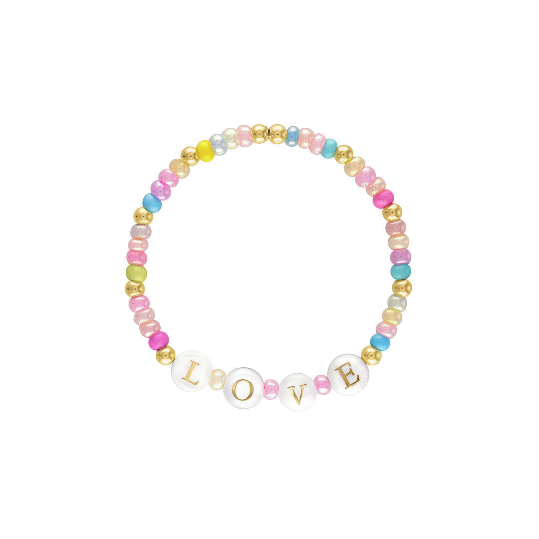 olivia le love pearl pastel beaded bracelet shown with rainbow beads and gold beads with the word love in shell pearl beads