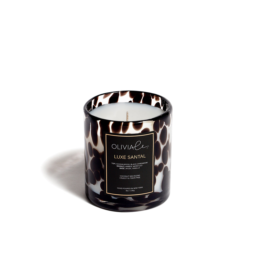Olivia Le Luxe Santal Leopard candle in 8 and 16 ounces.