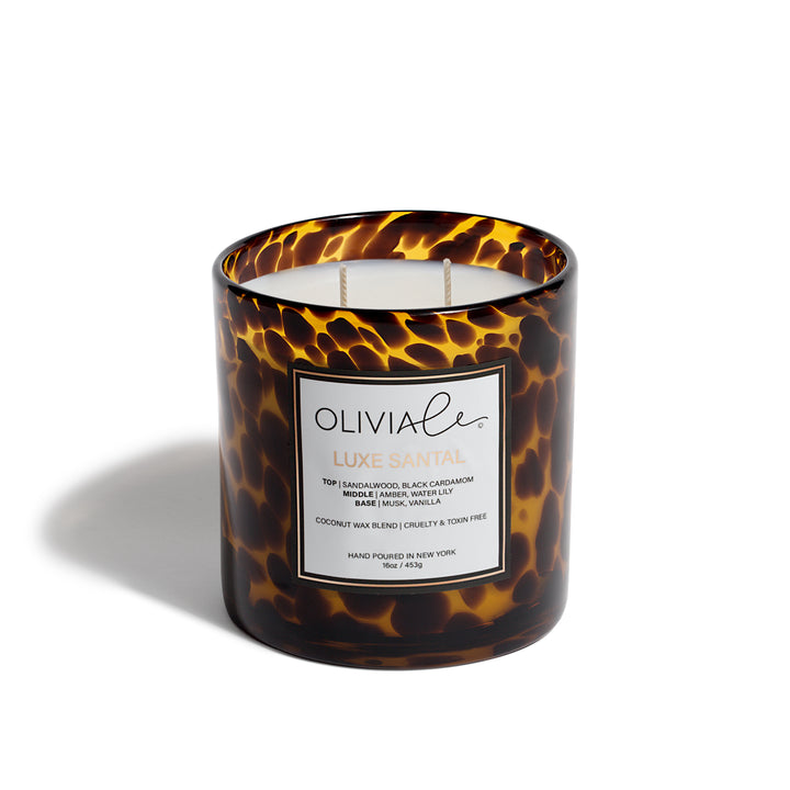 Olivia Le Luxe Santal Tortoise candle in 8 and 16 ounces.
