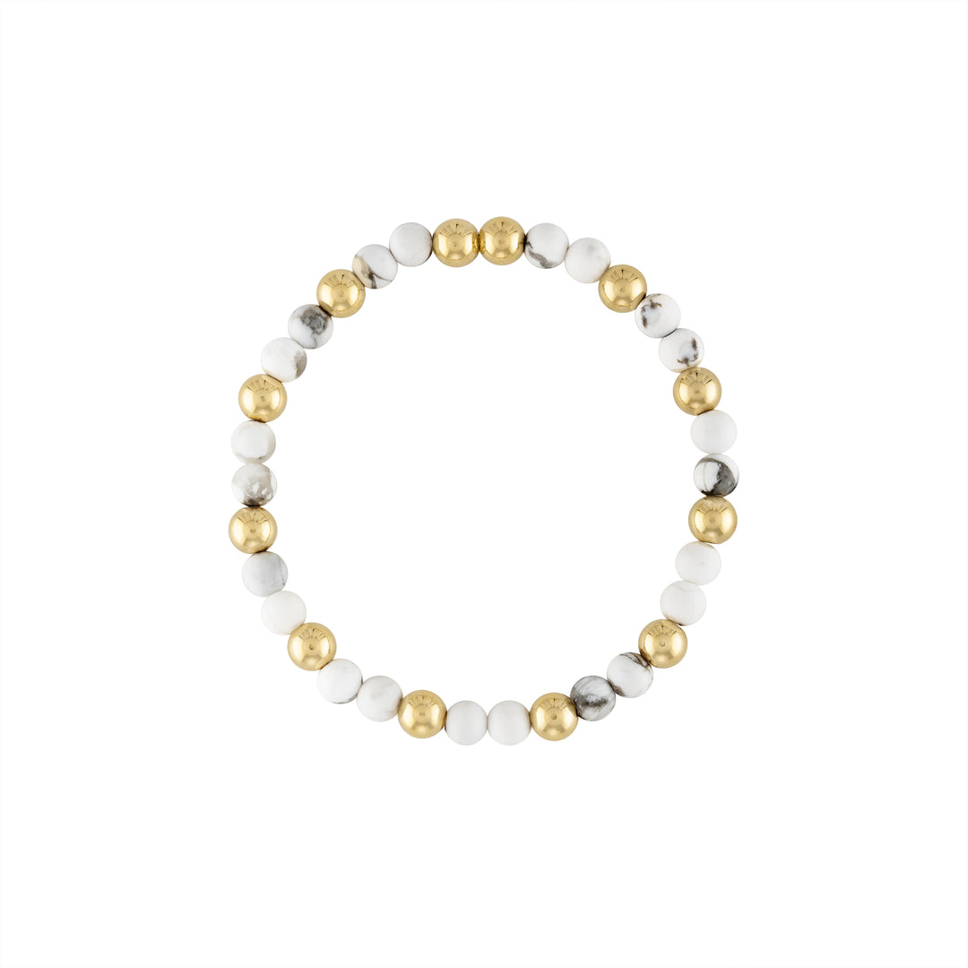 Olivia Le Marbly Howlite Gem Bracelet handmade with 14K gold-filled 5MM beads and 4MM howlite gemstones available in 6.5 inch or 7 inch stretch