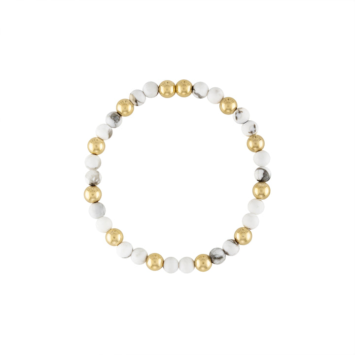 Olivia Le Marbly Howlite Gem Bracelet handmade with 14K gold-filled 5MM beads and 4MM howlite gemstones available in 6.5 inch or 7 inch stretch
