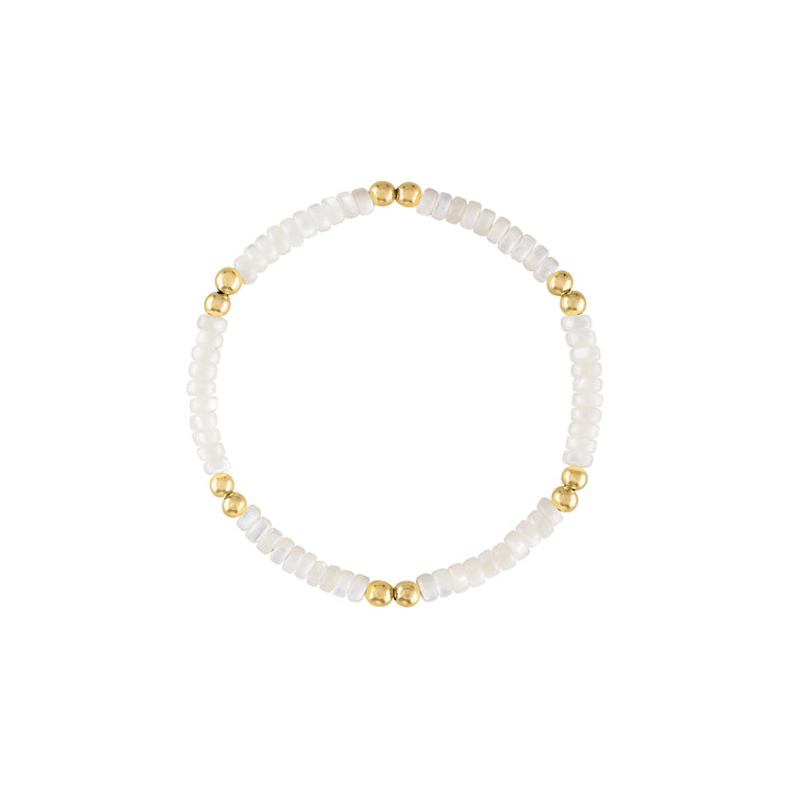 Olivia Le Mini Harper Pearl bracelet features mother of pearl smooth beads mixed with 4mm gold filled bubble beads all on a stretch cord for easy to wear stretch bracelet