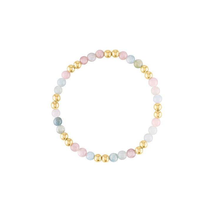 soft colored morganite gemstone beads mixed with 4mm gold filled beads on a stretch bracelet