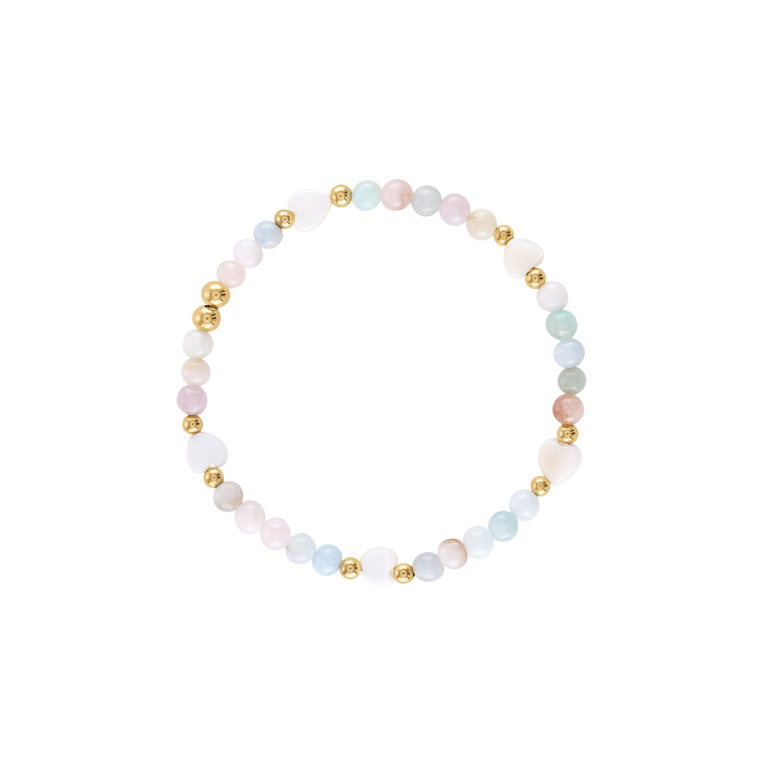 Olivia le soft pastel colored morganite beaded bracelet with mother of pearl heart beads and gold beads on a stretch bracelet